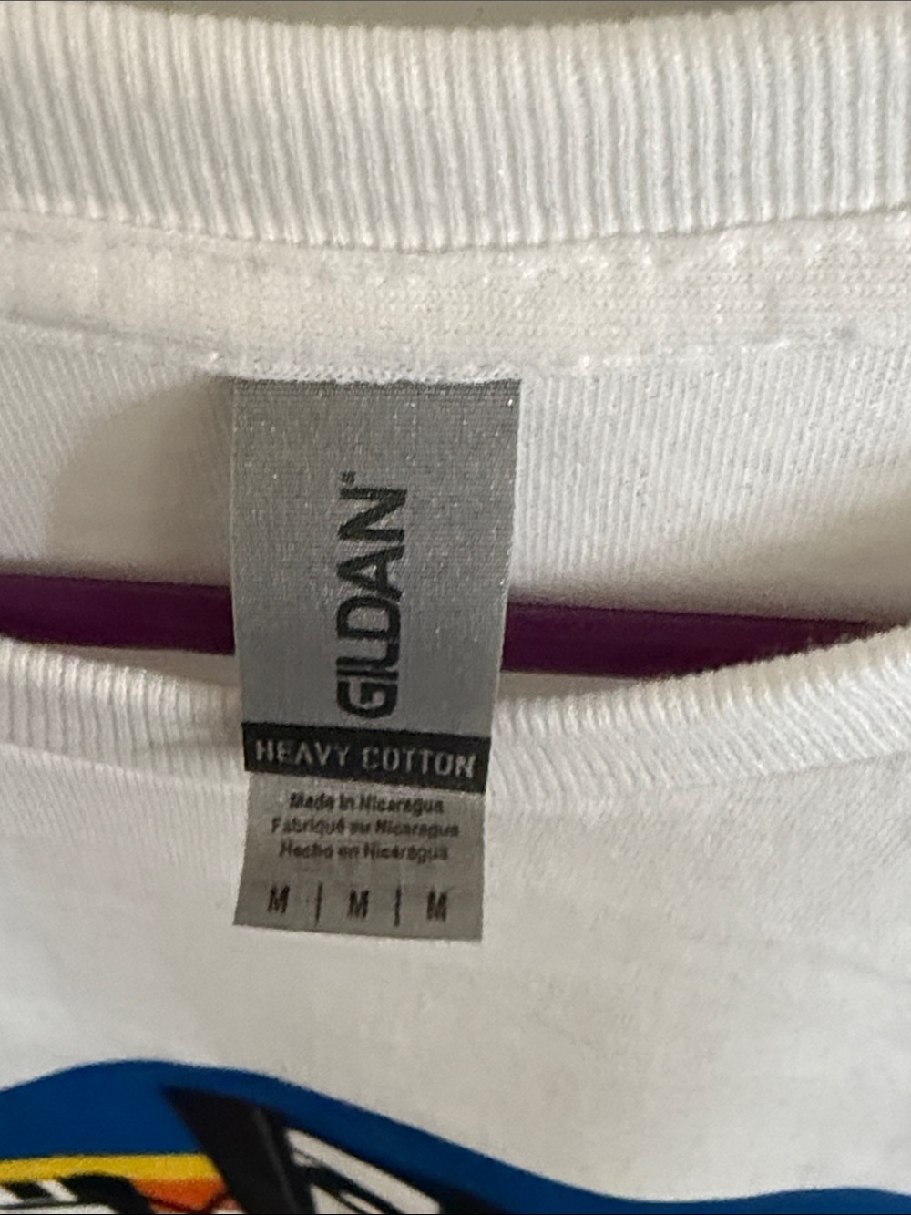 Gildan White Graphic Tee with Blue, Yellow and Orange Accents - Picture 2 of 5
